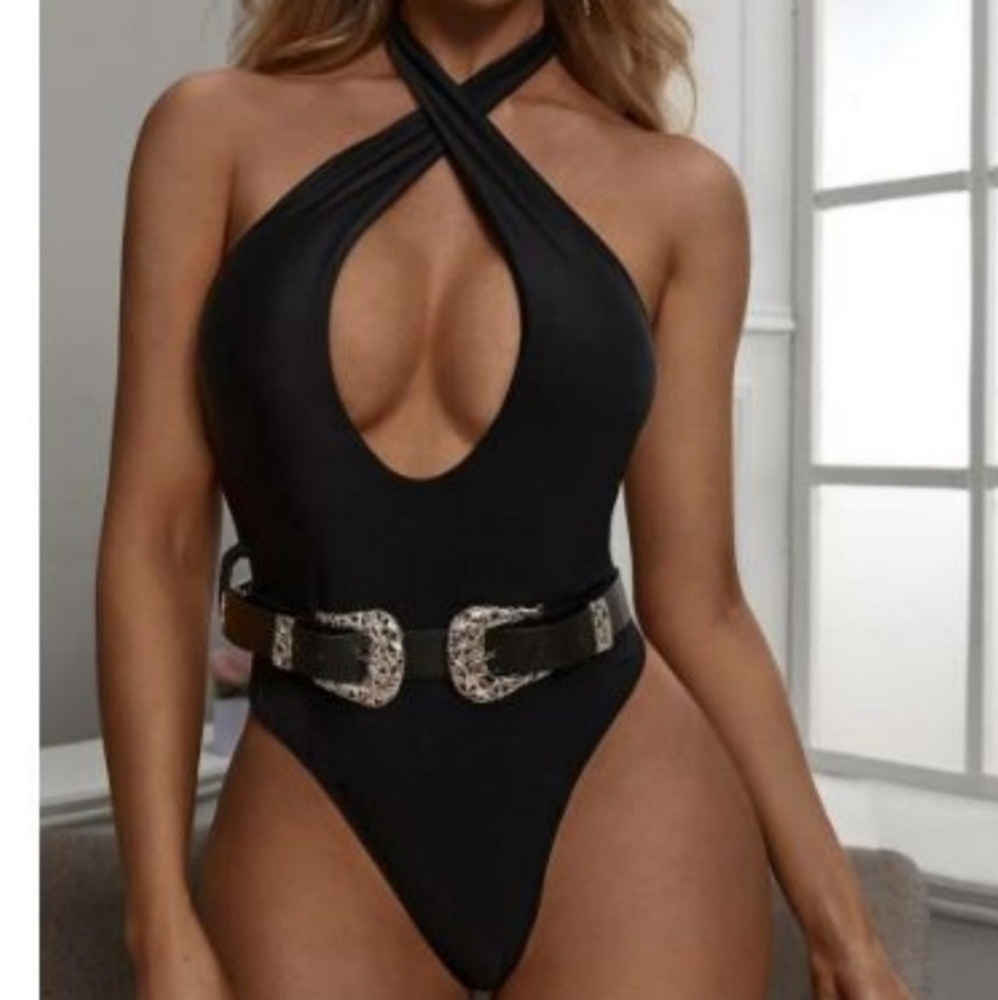 Tie Back Halter Belted One Piece Swimsuit